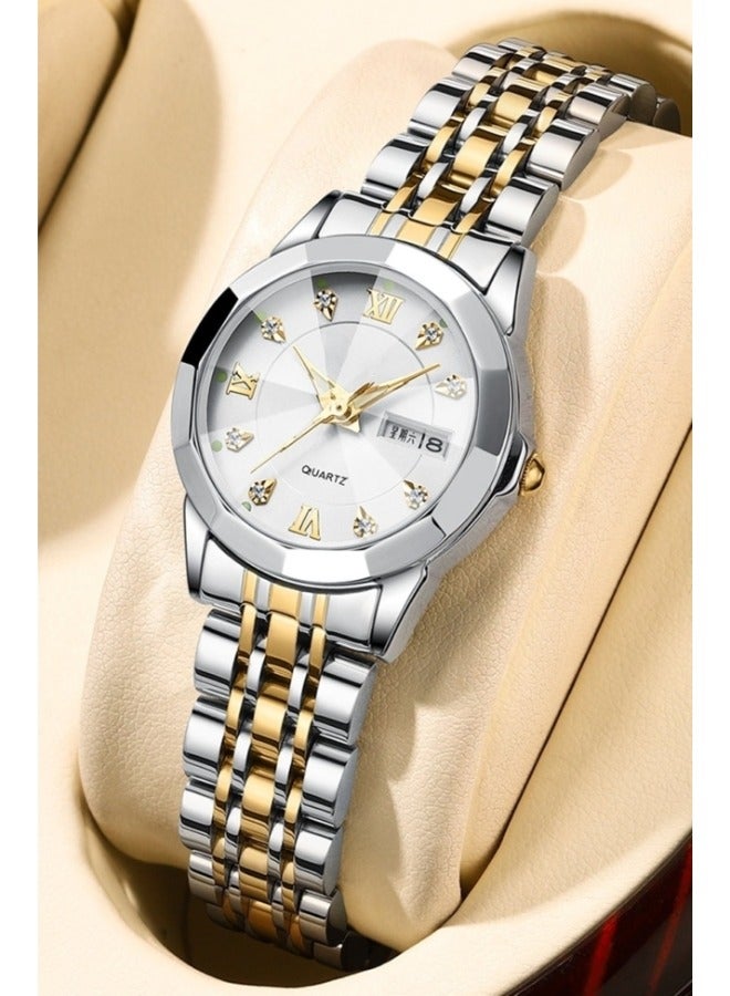 Women's Diamonds Quartz Watch Iced-Out Watch with Round Diamond Dial & Luxury Stainless Steel & Date & Waterproof