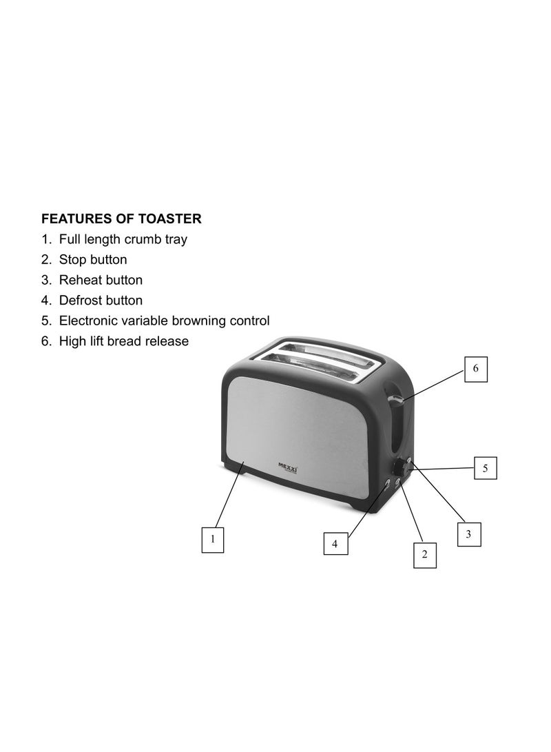 MEXXI 2-Slice Toaster, 800W - Defrost, Reheat, 6 Browning Setting and Removable Crumb Tray