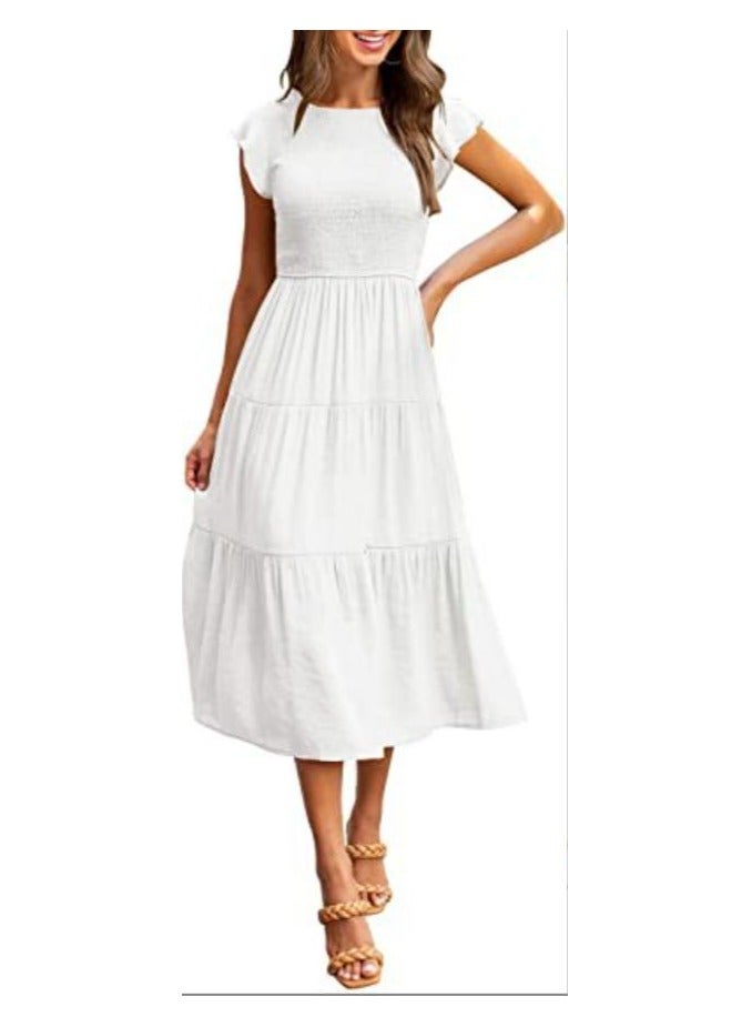 New Flying Sleeve Drawn Fold Layered Short Sleeve Big Swing Dress