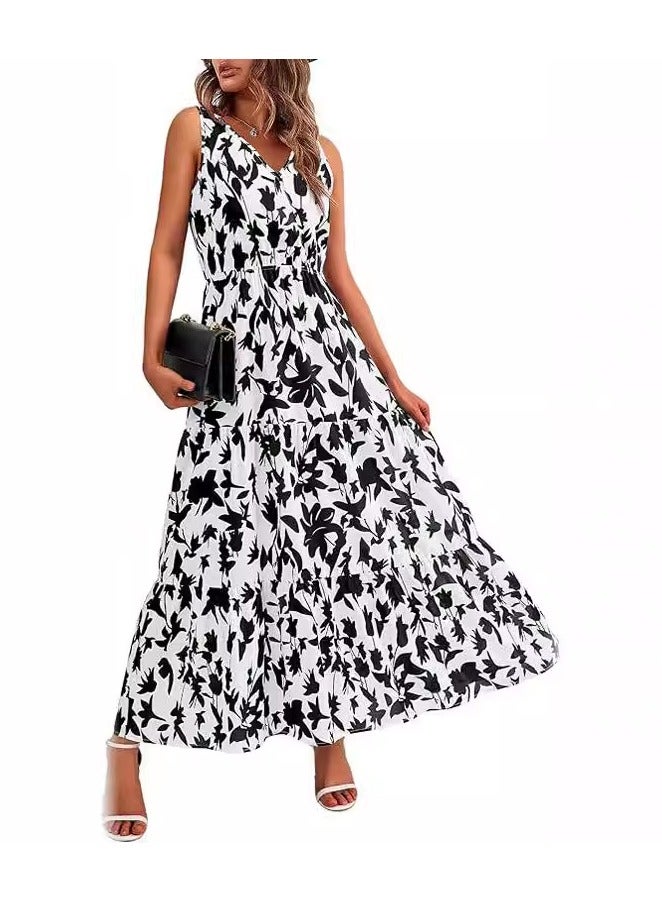 New V-neck Elastic Waist Printed Casual Sleeveless Dress