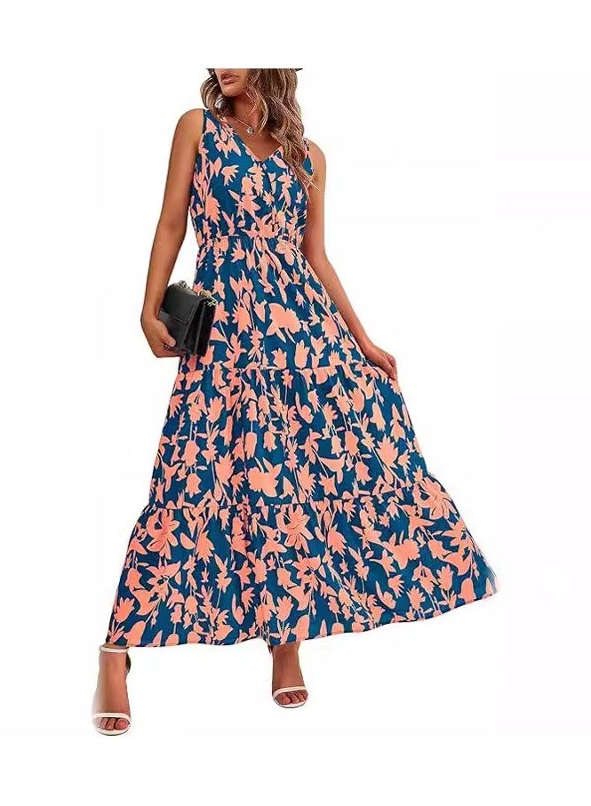 New V-neck Elastic Waist Printed Casual Sleeveless Dress