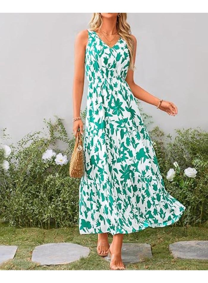 New V-neck Elastic Waist Printed Casual Sleeveless Dress