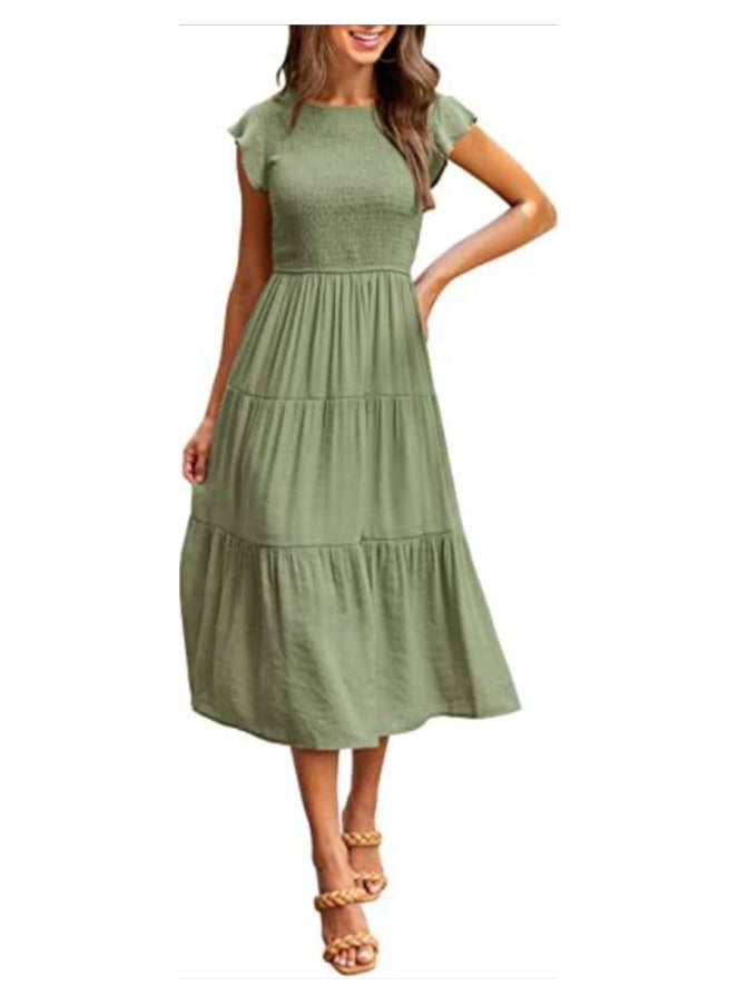 New Flying Sleeve Drawn Fold Layered Short Sleeve Big Swing Dress