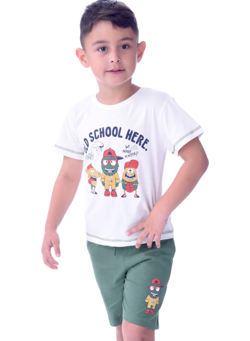 Kids Boys 2-piece Set - T-shirt & Shorts-Ivory and Green