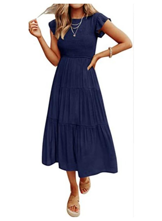 New Flying Sleeve Drawn Fold Layered Short Sleeve Big Swing Dress