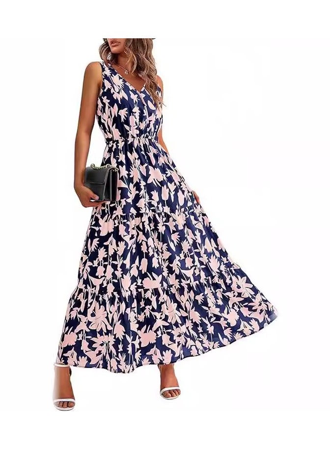 New V-neck Elastic Waist Printed Casual Sleeveless Dress