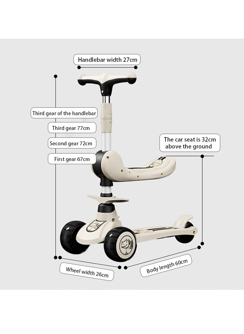 3in1 Scooter for Kids - Wheel LED Lights, Adjustable Lean-to-Steer Handlebar, and Foldable Seat - Sit or Stand Ride with Brake for Boys and Girls Ages 3-5 Years Old（Greenish White）