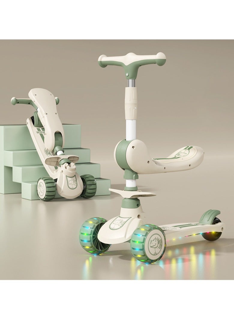 3in1 Scooter for Kids - Wheel LED Lights, Adjustable Lean-to-Steer Handlebar, and Foldable Seat - Sit or Stand Ride with Brake for Boys and Girls Ages 3-5 Years Old（Greenish White）