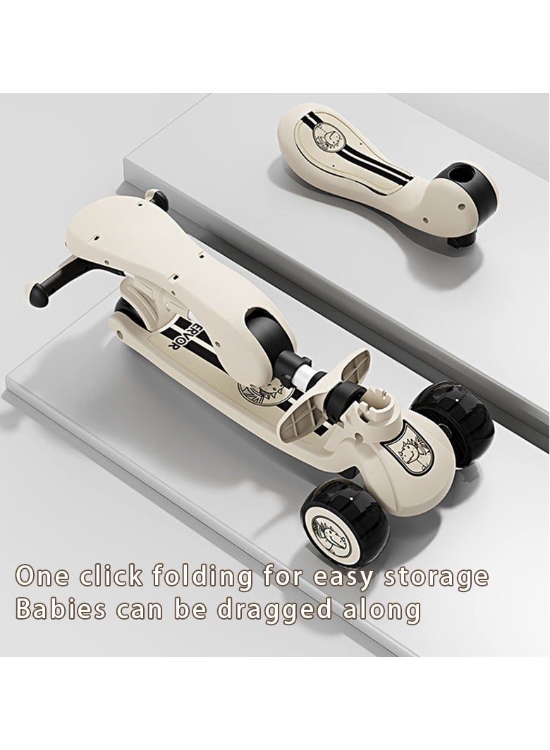 3in1 Scooter for Kids - Wheel LED Lights, Adjustable Lean-to-Steer Handlebar, and Foldable Seat - Sit or Stand Ride with Brake for Boys and Girls Ages 3-5 Years Old（Greenish White）