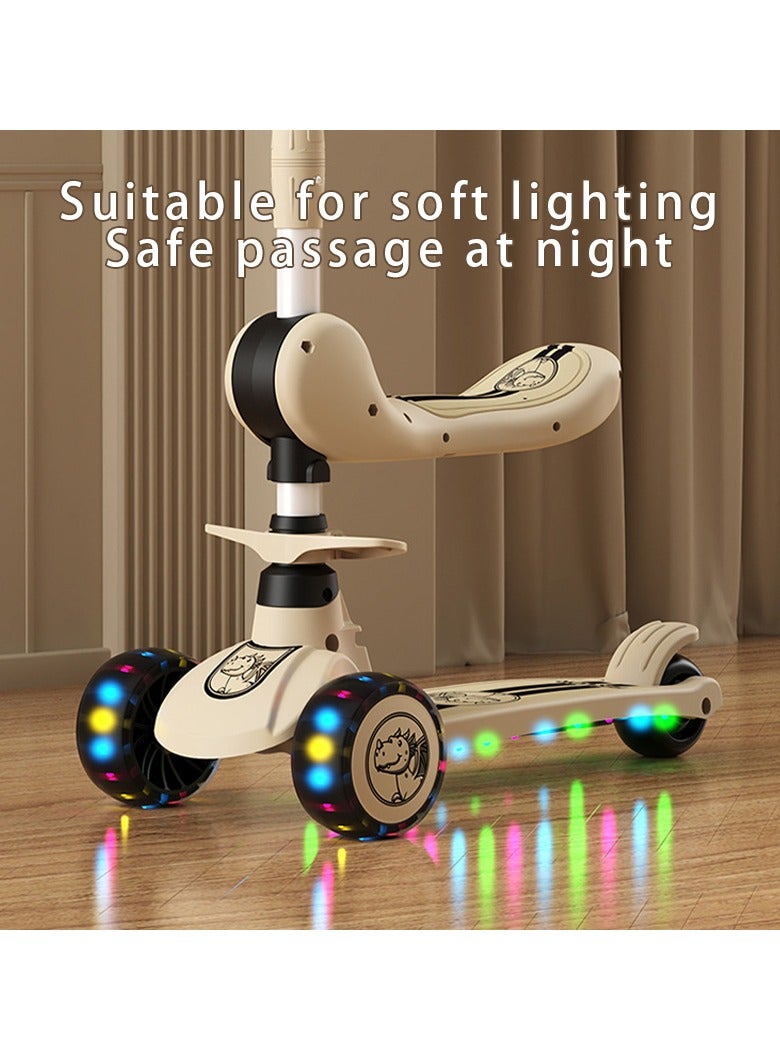 3in1 Scooter for Kids - Wheel LED Lights, Adjustable Lean-to-Steer Handlebar, and Foldable Seat - Sit or Stand Ride with Brake for Boys and Girls Ages 3-5 Years Old（Greenish White）