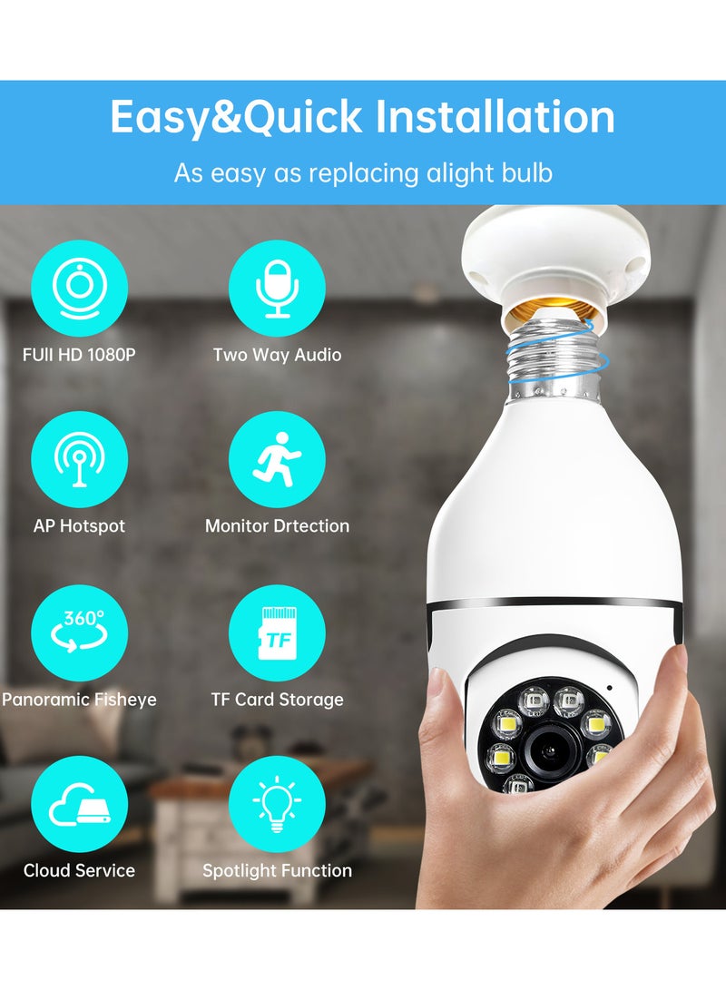 2 Pieces 360°Security Monitoring Camera 1080P Full HD WiFi Light Bulb for Home Monitor White