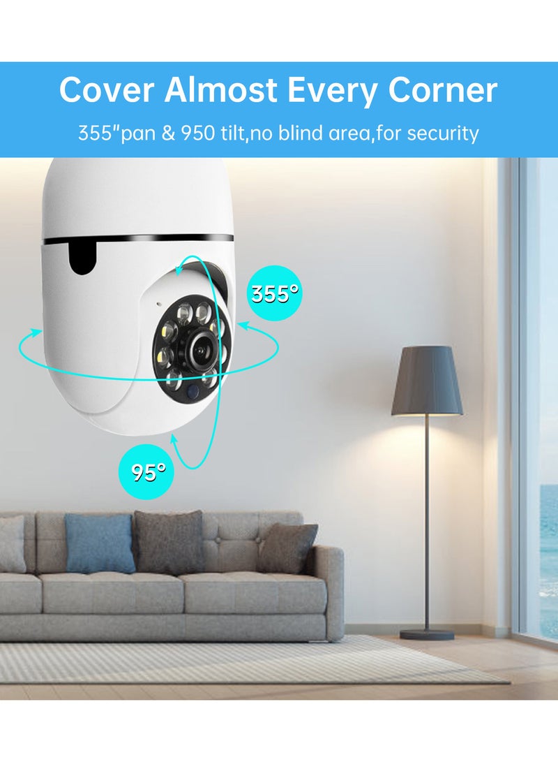 2 Pieces 360°Security Monitoring Camera 1080P Full HD WiFi Light Bulb for Home Monitor White