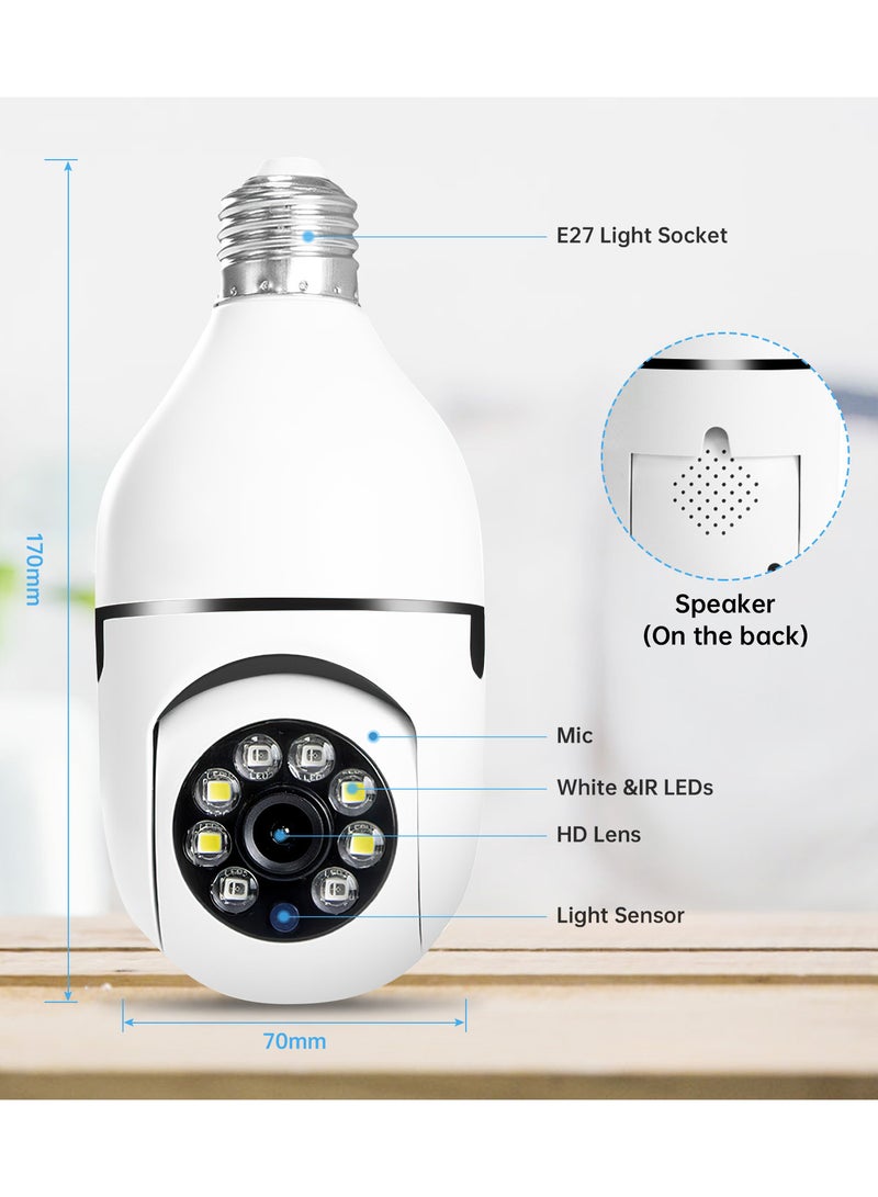 2 Pieces 360°Security Monitoring Camera 1080P Full HD WiFi Light Bulb for Home Monitor White