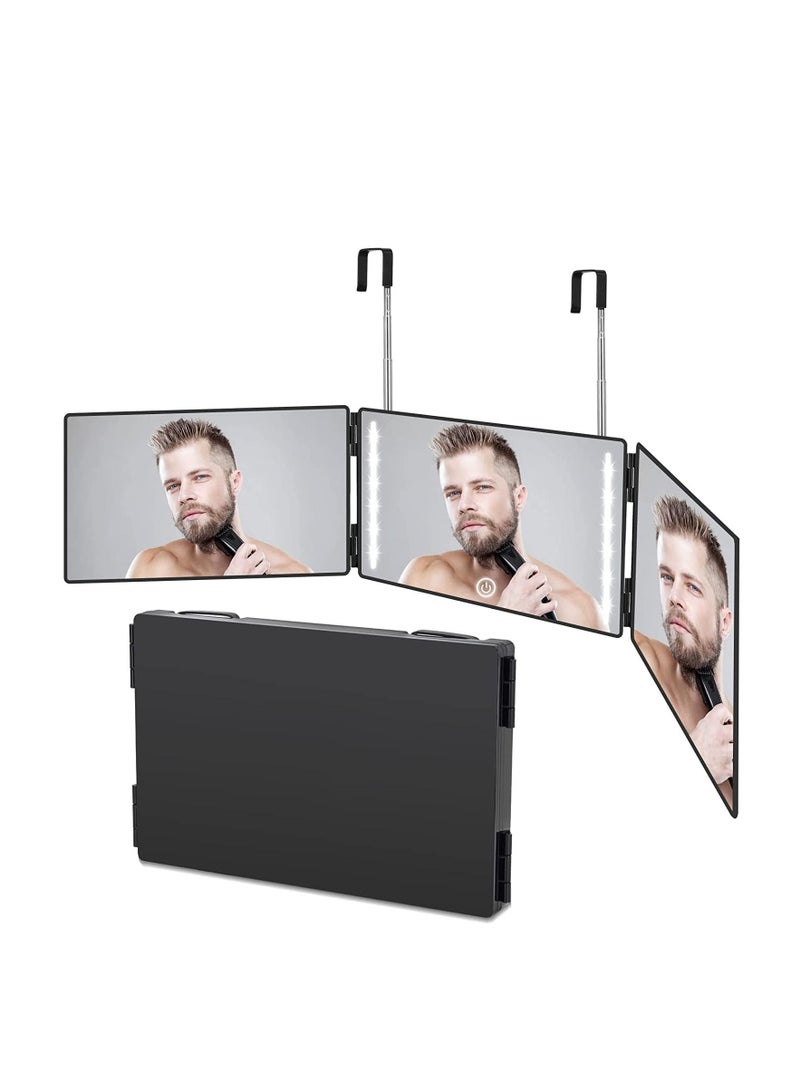 LED Self Cut Mirror, 360° Barber Mirror for Men, USB with Height-Adjustable Telescopic Hook, Suitable for Haircut, Hairstyling, Shaving, Grooming, Hair Coloring and Makeup