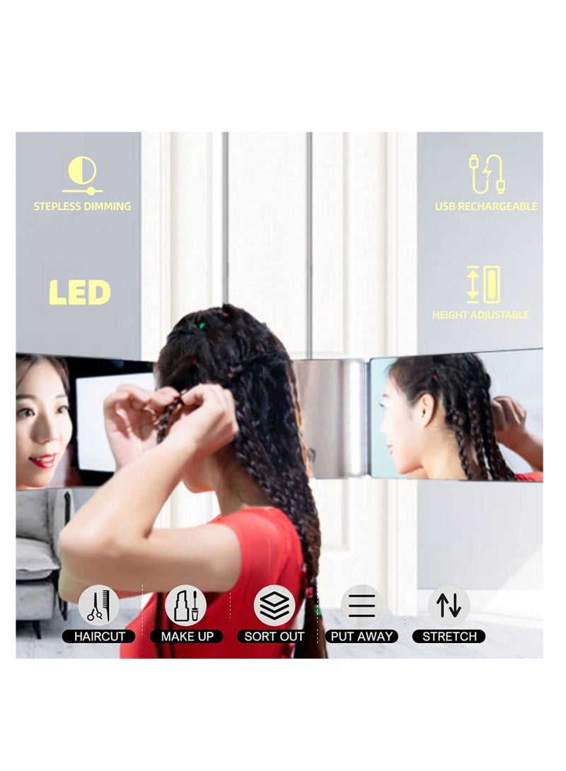 LED Self Cut Mirror, 360° Barber Mirror for Men, USB with Height-Adjustable Telescopic Hook, Suitable for Haircut, Hairstyling, Shaving, Grooming, Hair Coloring and Makeup