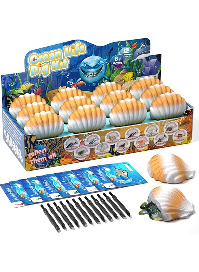 Ocean Animals Dig Kit, Seashell Dig Bricks Exploring 12 Sea Animal Toys Set, Ocean Life Excavation Science Kit For Kids Activities Organism & Educational Toys For Boys, Girls