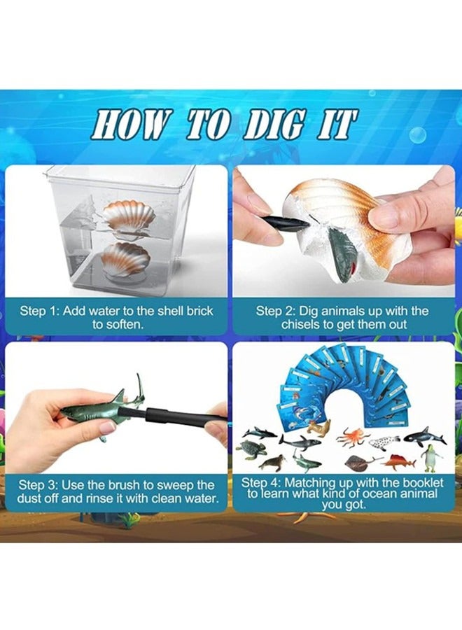 Ocean Animals Dig Kit, Seashell Dig Bricks Exploring 12 Sea Animal Toys Set, Ocean Life Excavation Science Kit For Kids Activities Organism & Educational Toys For Boys, Girls