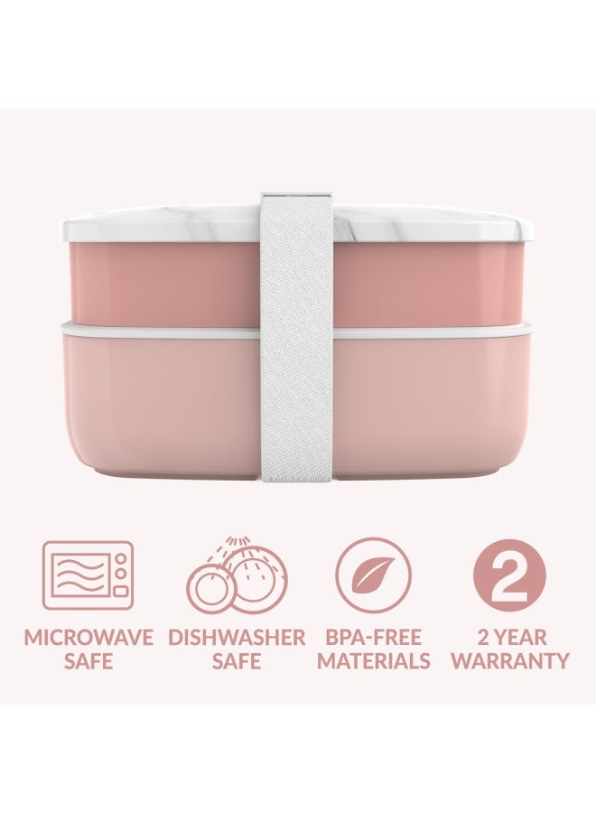 Classic - Adult Bento Box All-In-One Stackable Lunch Box Container With 3 Compartments Plastic Utensils And Nylon Sealing Strap Bpa Free Food Container Blush Marble