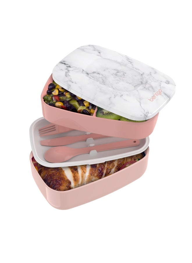 Classic - Adult Bento Box All-In-One Stackable Lunch Box Container With 3 Compartments Plastic Utensils And Nylon Sealing Strap Bpa Free Food Container Blush Marble