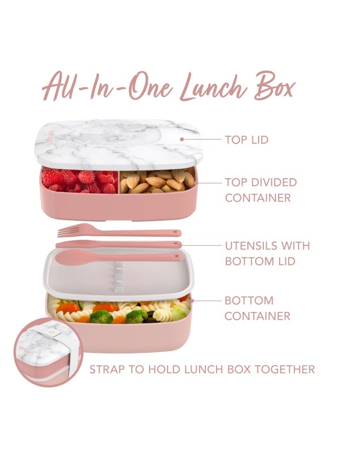 Classic - Adult Bento Box All-In-One Stackable Lunch Box Container With 3 Compartments Plastic Utensils And Nylon Sealing Strap Bpa Free Food Container Blush Marble