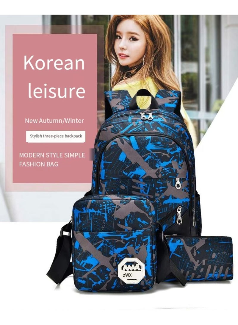 3-piece blue/black/brown printed backpack set
