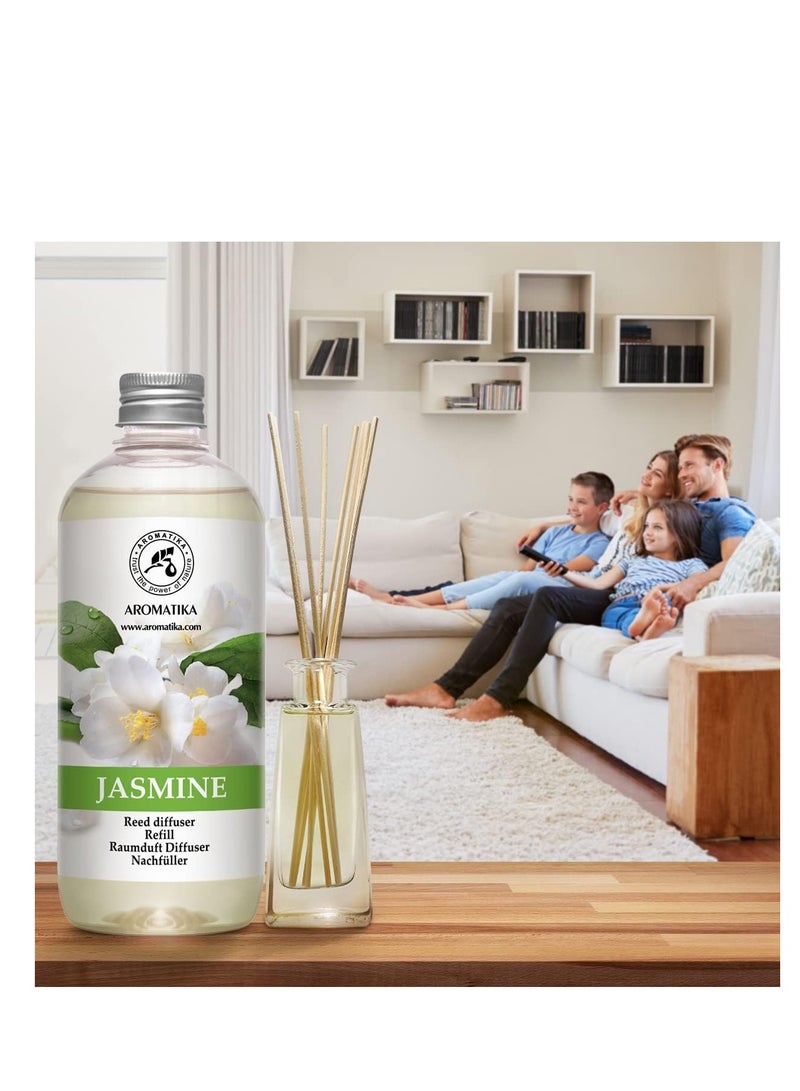 Jasmine Reed Diffuser Refill w/Natural Essential Jasmine Oil 17 Fl Oz - Fresh & Long Lasting Fragrance - Scented Reed Diffuser Oil Refill - Best for Aromatherapy - SPA - Home