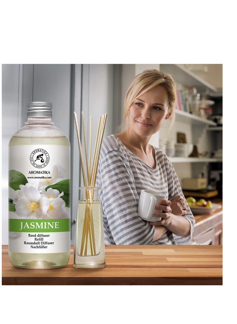 Jasmine Reed Diffuser Refill w/Natural Essential Jasmine Oil 17 Fl Oz - Fresh & Long Lasting Fragrance - Scented Reed Diffuser Oil Refill - Best for Aromatherapy - SPA - Home