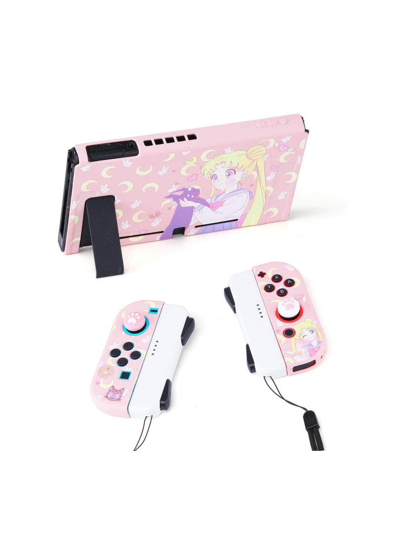 Cute Protective Case for Switch OLED (2021), Sailor Moon Case Screen Protector with 2PC Cat Claw Thumb Grips Caps Silicone Soft Cover Shockproof Pink Skin Shell Anti-Scratch Case for Joy Con