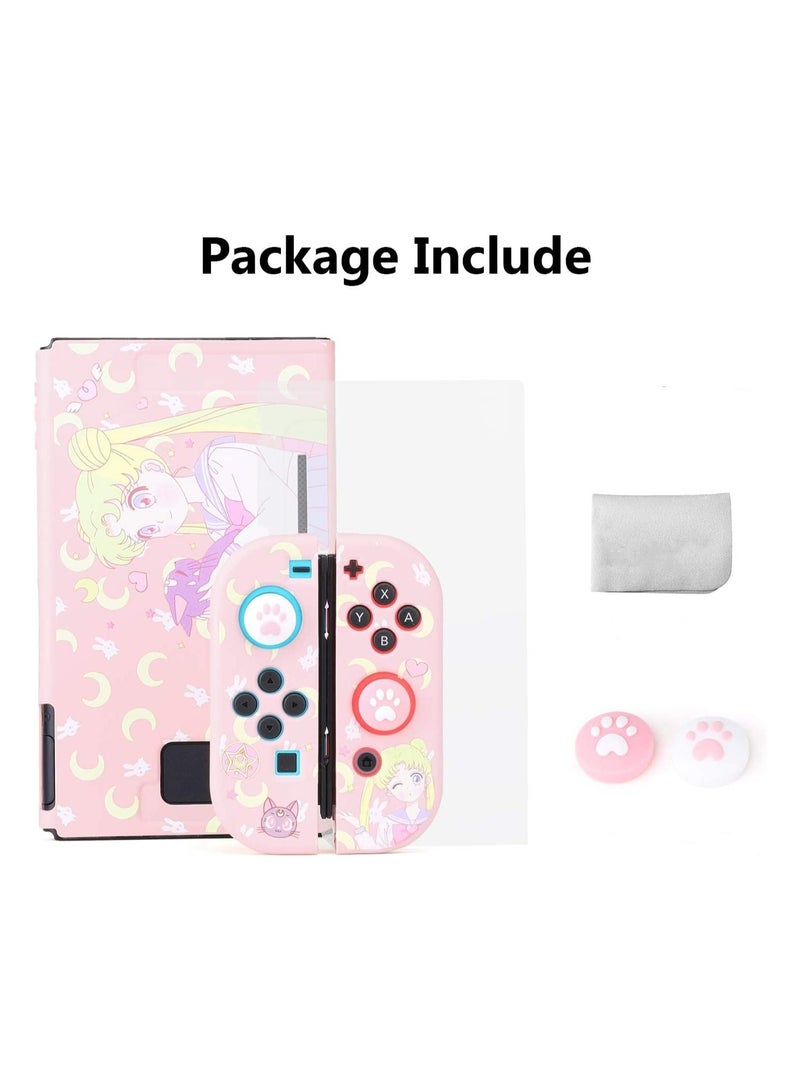 Cute Protective Case for Switch OLED (2021), Sailor Moon Case Screen Protector with 2PC Cat Claw Thumb Grips Caps Silicone Soft Cover Shockproof Pink Skin Shell Anti-Scratch Case for Joy Con