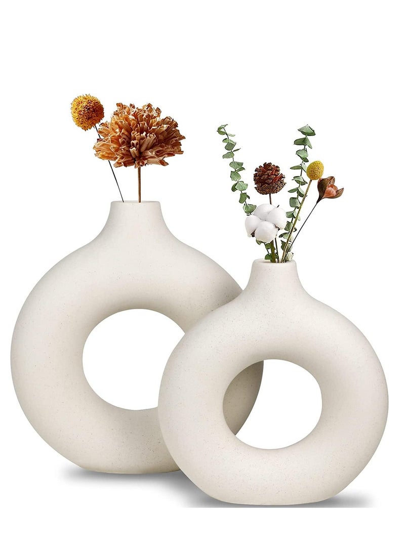 2 Modern Circle Ceramic Vases Off White for Nordic Minimalism Style Decor Wedding Dinner Table Party Living Room Office Bedroom