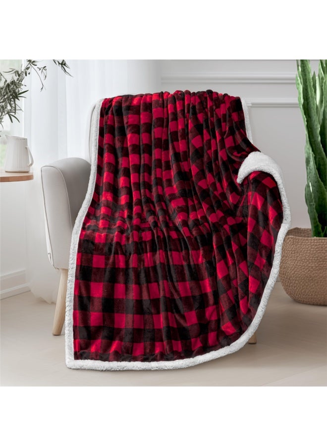 Black And Red Buffalo Plaid Sherpa Fleece Throw Blanket For Couch Soft Flannel Blanket For Sofa Bed Checkered Blanket And Throws Warm Cozy Decorative Blanket Fall Decor Gift 50X60