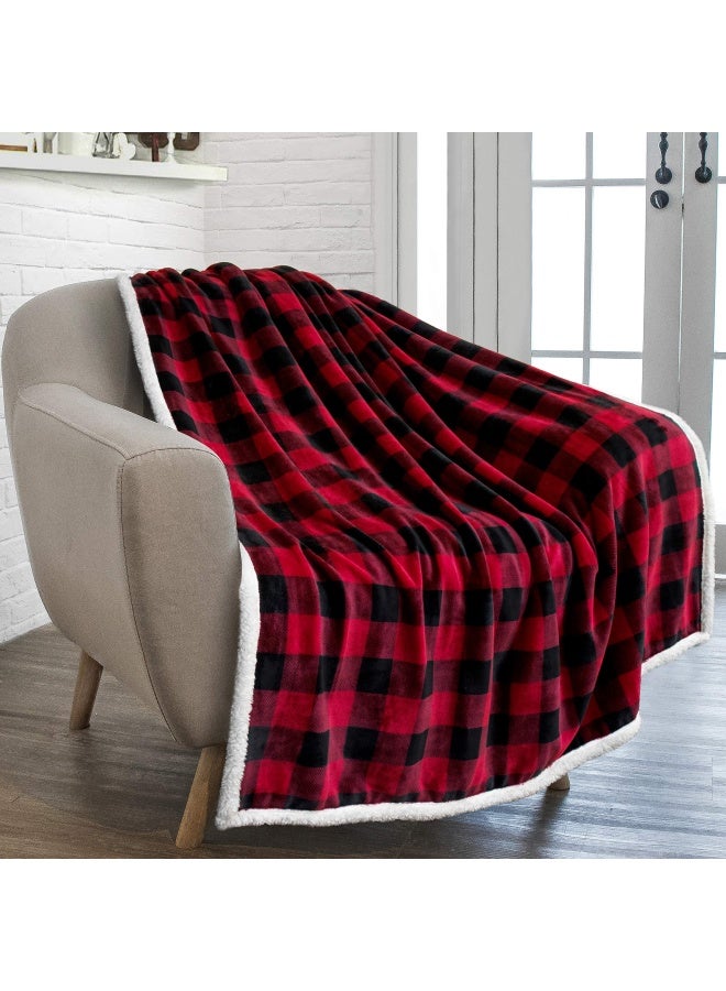 Black And Red Buffalo Plaid Sherpa Fleece Throw Blanket For Couch Soft Flannel Blanket For Sofa Bed Checkered Blanket And Throws Warm Cozy Decorative Blanket Fall Decor Gift 50X60