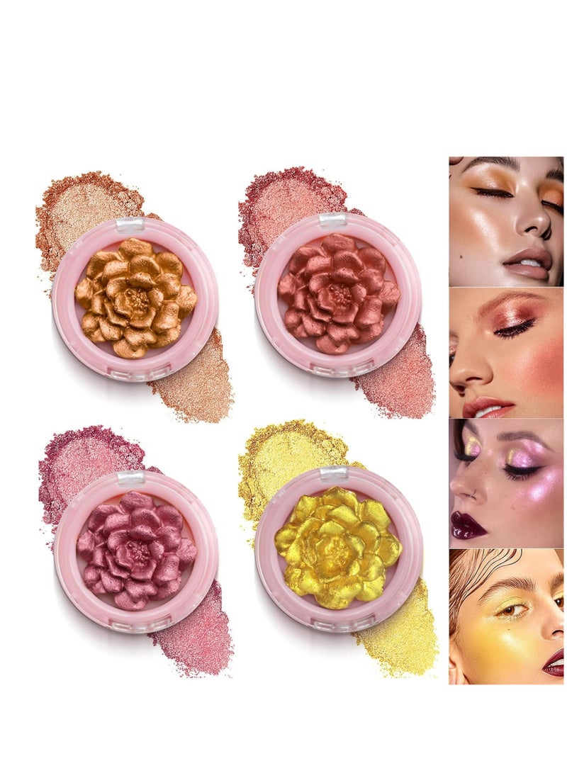 4PCS Highlighter Palette, Highlighting Powder, 3D Rose Blush, Body Luminizer Highlighter Face Makeup, Pressed Shimmer Body Glow Face Powder, Glossy Long Lasting Highlighters Makeup