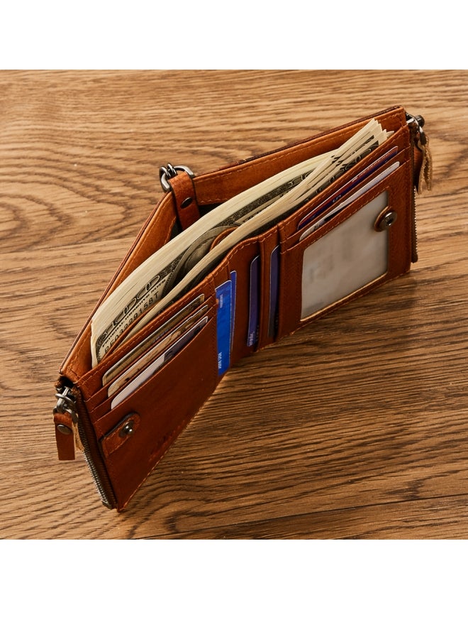 Cowhide RFID Anti-theft Card Swiping Wallet, Driver's License Chain Zipper Coin Purse Brown