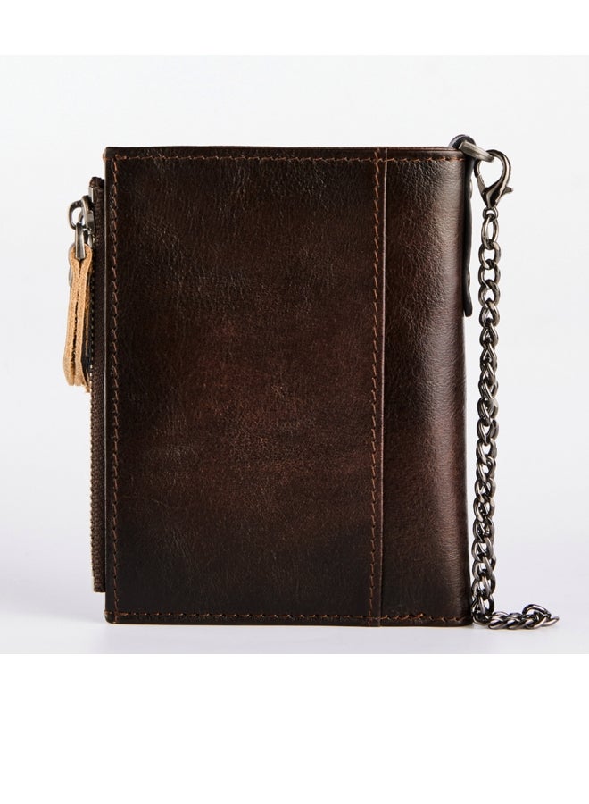 Cowhide RFID Anti-theft Card Swiping Wallet, Driver's License Chain Zipper Coin Purse Brown