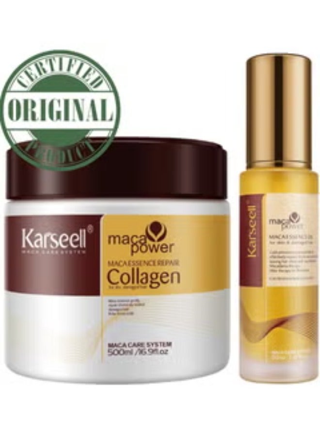 Karseell Collagen Hair Treatment - Deep Repair Mask 500ml - Maca Oil Hair Serum for Dry Damaged Hair 50ml - All Hair Types