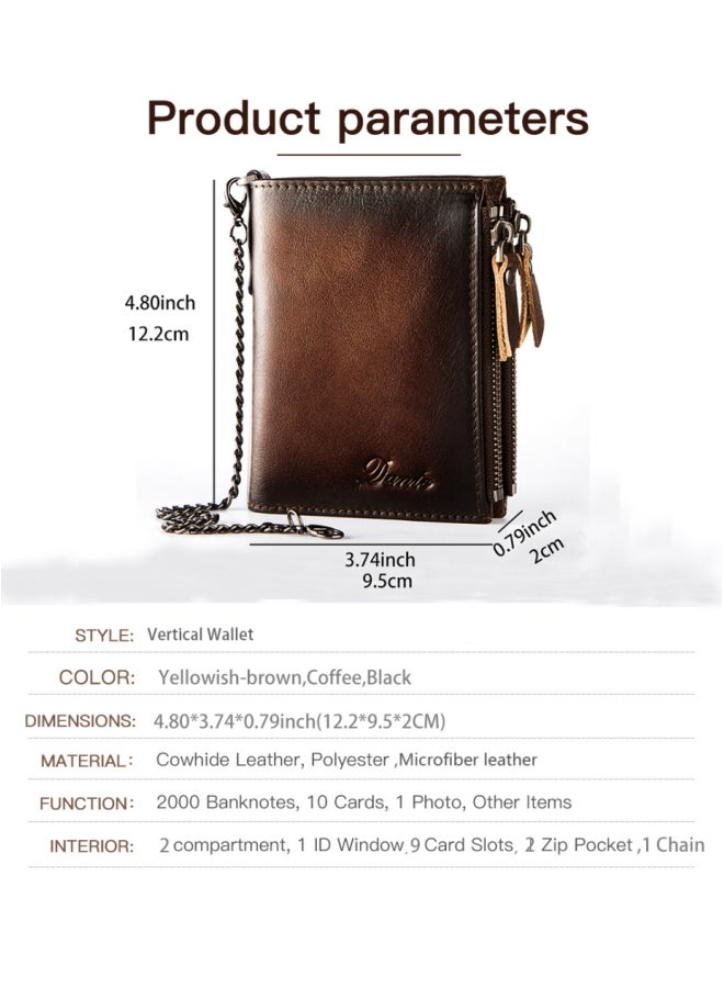 Cowhide RFID Anti-theft Card Swiping Wallet, Driver's License Chain Zipper Coin Purse Yellow Brown