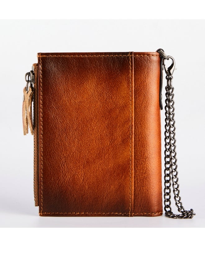 Cowhide RFID Anti-theft Card Swiping Wallet, Driver's License Chain Zipper Coin Purse Yellow Brown