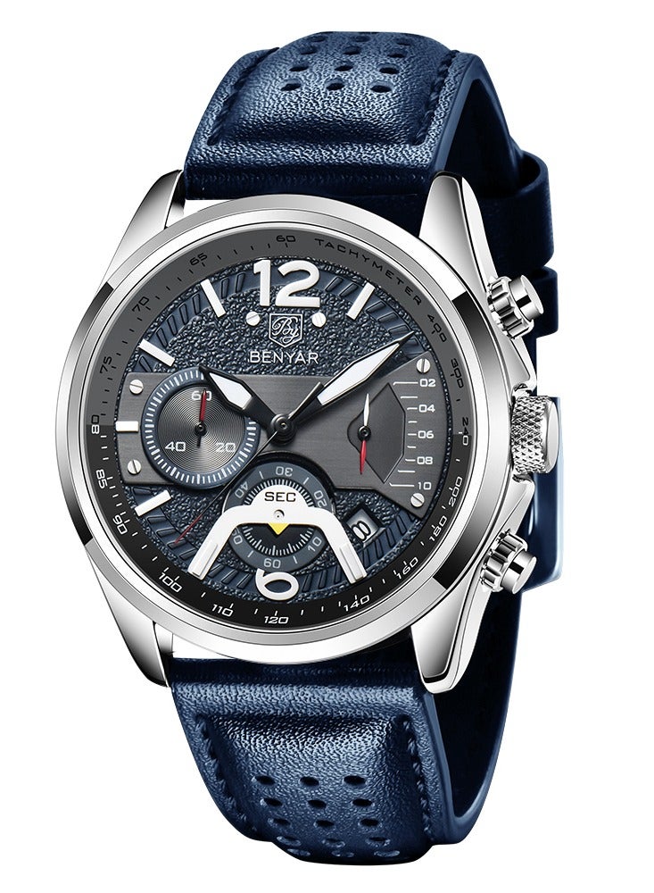 Watches for Men Luxury Quartz Water Resistant Watch Men's Chronograph Genuine Leather Strap 5171 Blue
