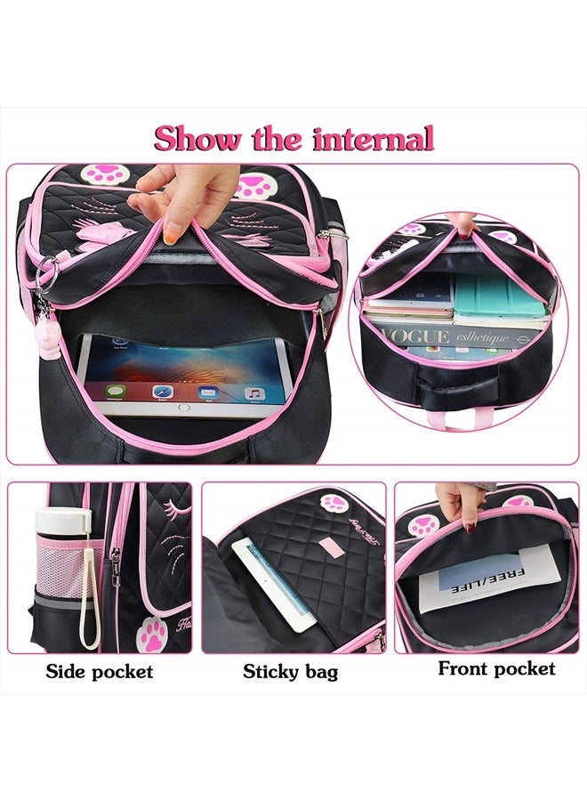 Cute Cat Black School Backpack with Lunch Bag for 8-16 Year Old Girls, Elementary School Bags Bookbags for Kids