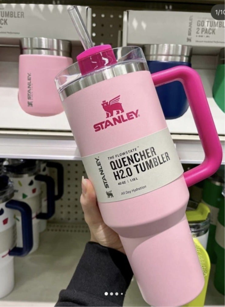 40oz Stanley Quencher H20 Flowstate Stainless Steel Vacuum Insulated Tumbler with Lid and Straw for Water, Iced Tea or Coffee, Smoothie and More, Cream (Flamingo Pink)