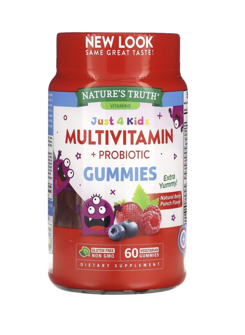 Just 4 Kidz, Multivitamin Plus Probiotic, Natural Berry Punch, 60 Vegetarian Gummies