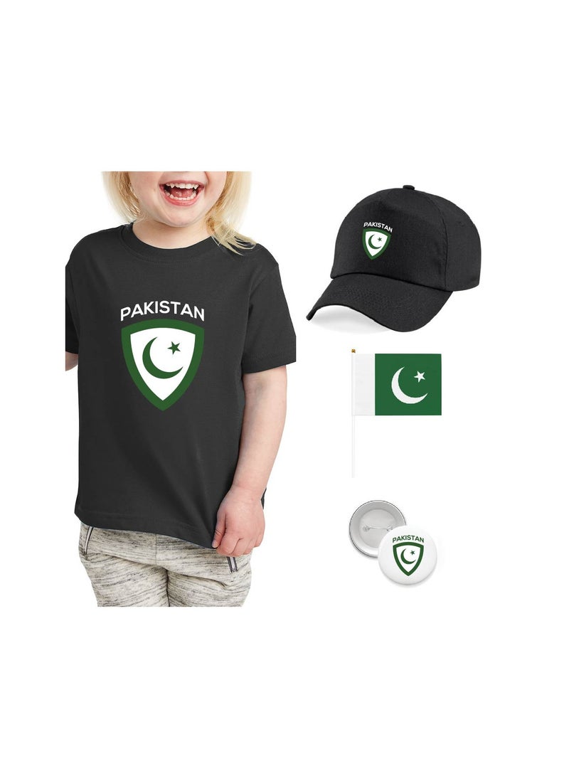 Pakistan Independence Day T Shirt for Girls, Cap, Badge, Flag Set Celebrate Pakistan Independence Day with this Kids Combo Pack in Style