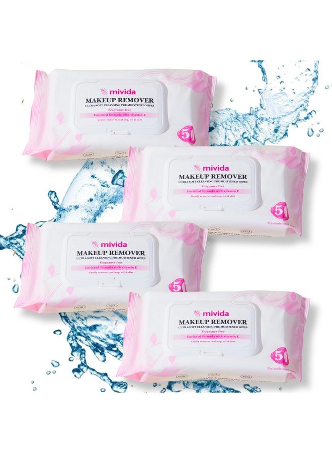 Makeup Remover Wipes | Bulk Pack Of 4 | Alcohol Free Fragrance Free | Hypoallergenic Vitamin E | Convenient Flip Top Pack 50 Wipes Each | Total 200 Wipes | Makeup Remover Wipes