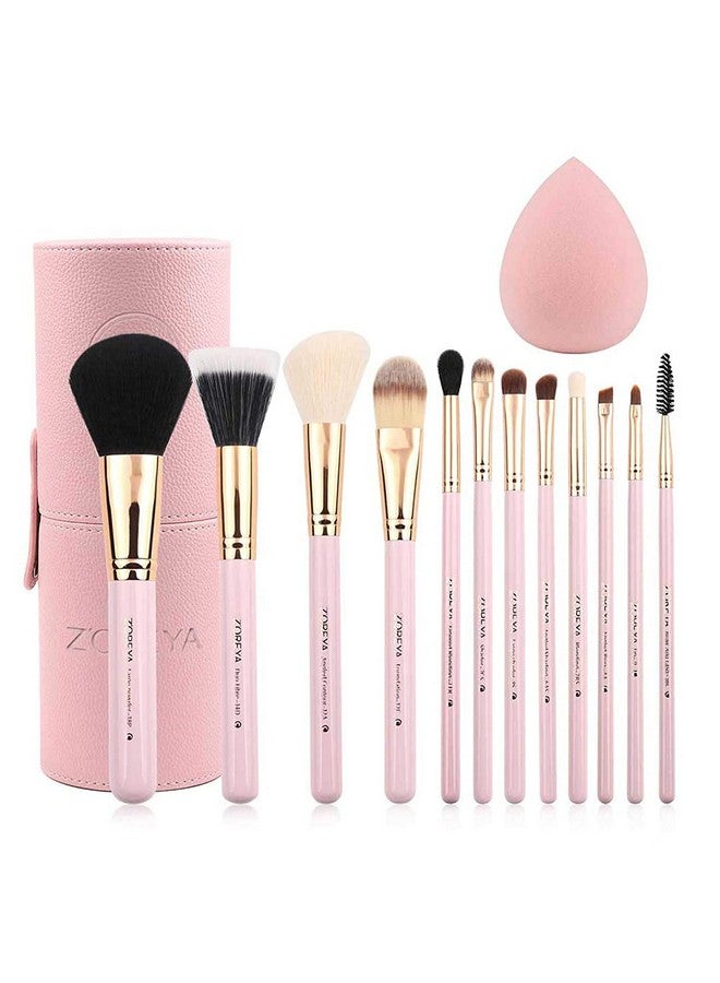 Makeup Brush Set 12Pcs Pink Synthetic Makeup Brushes Travel Set With Holder Makeup Brush Organizer Foundation Powder Contour Blush Eye Cosmetic Brush Sets In Case With Bonus Gift Makeup Sponge