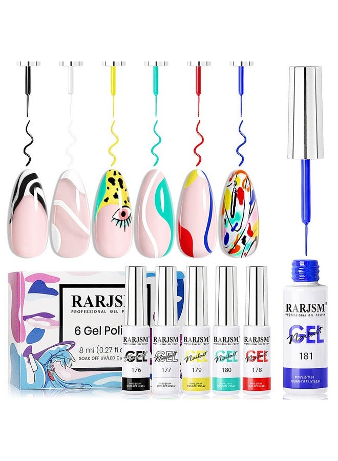 Painted Gel Nail Polish Set6Pcs Black White Red Blue Green Yellow Liner Polish Pen Uv Led Curing Requires Nail Painting Gel Polishesgeometric 3D Nail Art Diy Nail Design