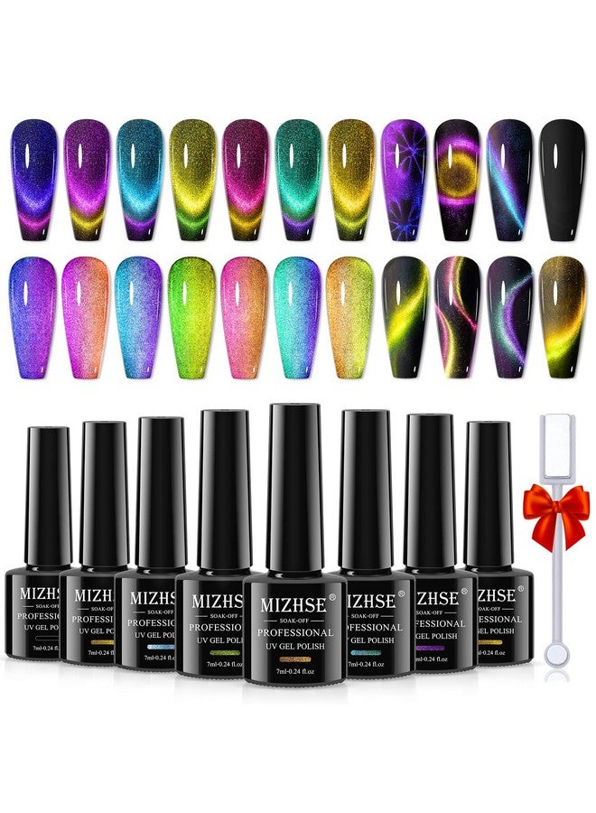 8 Colors 9D Cat Eye Gel Nail Polish Upgraded Magnetic Gel Polish Kit With Magnet Stick Galaxy Chameleon Effect Silky Cat Eye Nail Gel Soak Off Nail Art Salon Manicure Home Ladies Gift