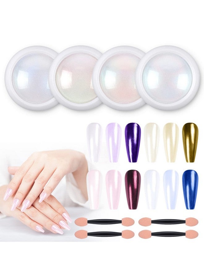 4 Jars Chrome Nail Powder Metallic Mirror Effect Pigment Chrome Iridescent Aurora Nail Glitter Mermaid White Pearl Glitter Dust Kit For Gel Polish Nail Art Decoration, Resin Craft
