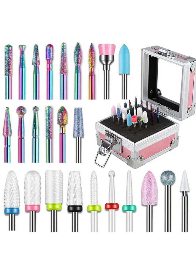 25Pcs Nail Drill Bits Set With Portable Pink Case 332 Inch Ceramic Drill Bits For Acrylic Nails Diamond Carbide Cuticle Efile Remover Quartz Pointed Bits For Home Salon Acrylic Gel Nail