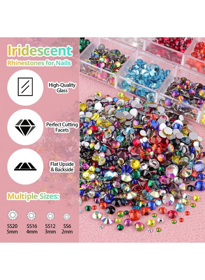 Round Flatback Face Gems Kit (Colorful) For Makeup With Quick Dry Glue + Brush + Tweezer Nail Art Rhinestones Mixed Color Iridescent Chameleon Glass Crystal Beads For Makeup Deco